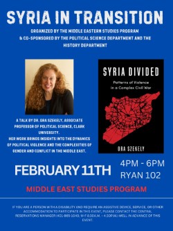 Blue poster with a picture of Ora Szekely smiling and image of her book "Syria Divided"