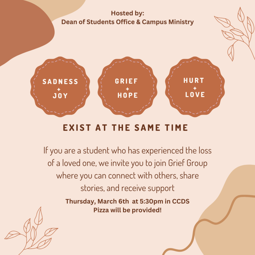 Grief Group flyer in a brown and tan design, there are some wavy brown lines and outline of plants

