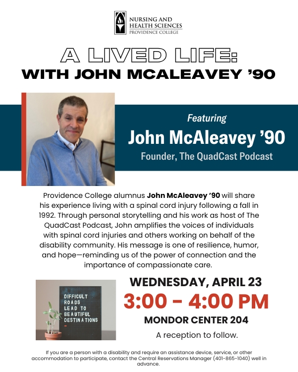 White background with a blue rectangle with the picture of John McAleavey '90 followed by the information given above and the picture of a book titled "Difficult roads lead to beautiful destinations"