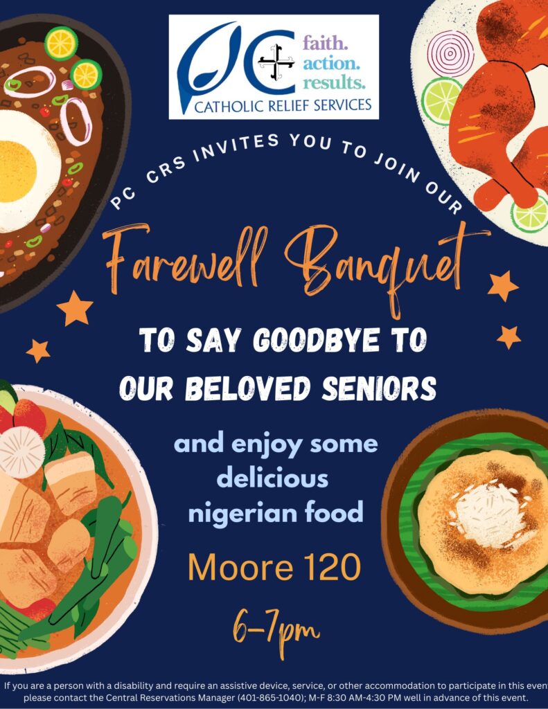 It has images of food like chicken and soup with vegetables and egg. It is a blue background with stars. It invites people to say goodbye to the seniors of the club and enjoy some delicious Nigerian food from 6-7 in Moore 120