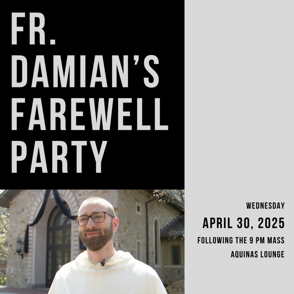 Fr. Damian smiling to the camera with the details of the event on the side of the poster