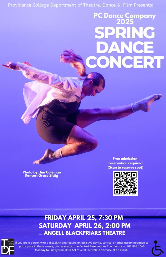 Purple background with a photo of dancer Grace Sittig, there is a QR code to reserve a spot for free