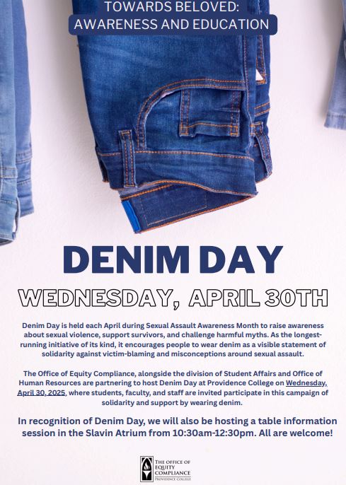 Light beige background with picture of jeans on top with a blue title for "Denim Day" followed by the information given above and a logo for the office of Equity Compliance
