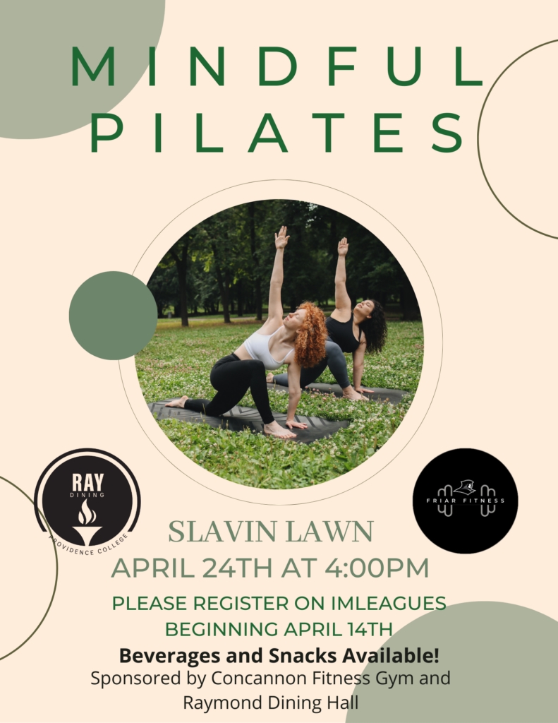 Light brown background with green circles around, there is an image in the center of two girls stretching in yoga mats in a forest. there is a logo for Ray Dining Hall and Friar Fitness