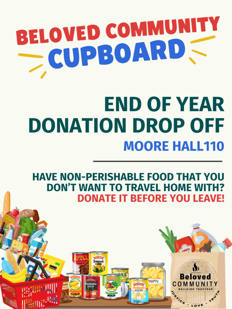Light yellow background with images of food and a paper bag with "Beloved Community" logo