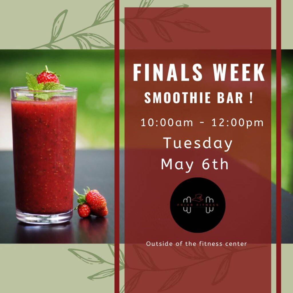 Image of a strawberry smoothie in the back followed by the event details and logo from Friar Fitness
