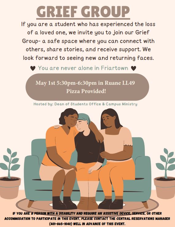 Grief Group flyer with tan background and brown text. Image of three people sitting on a couch together.