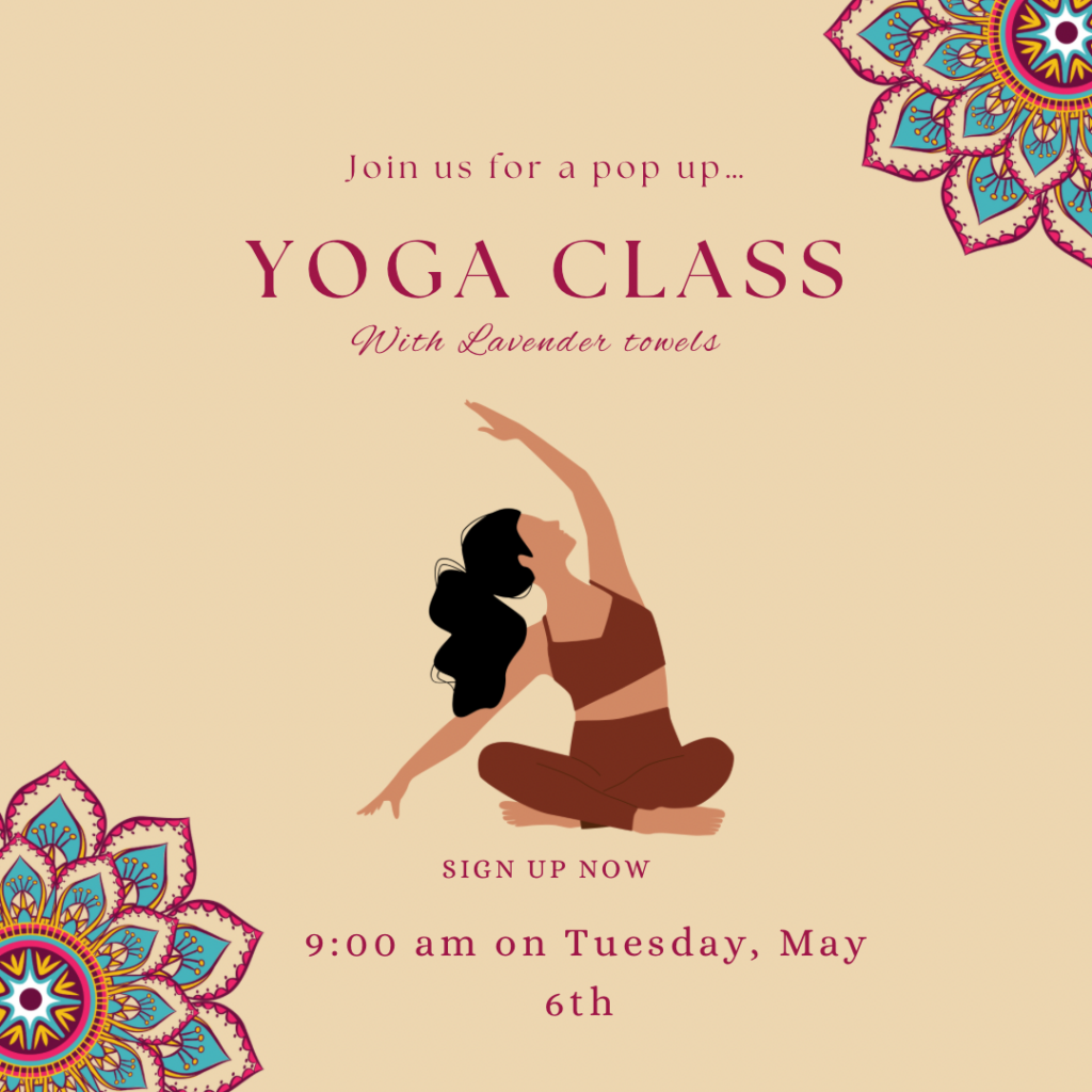 Yellow background with an image of a girl doing yoga and mandalas at the top right corner and bottom left corner