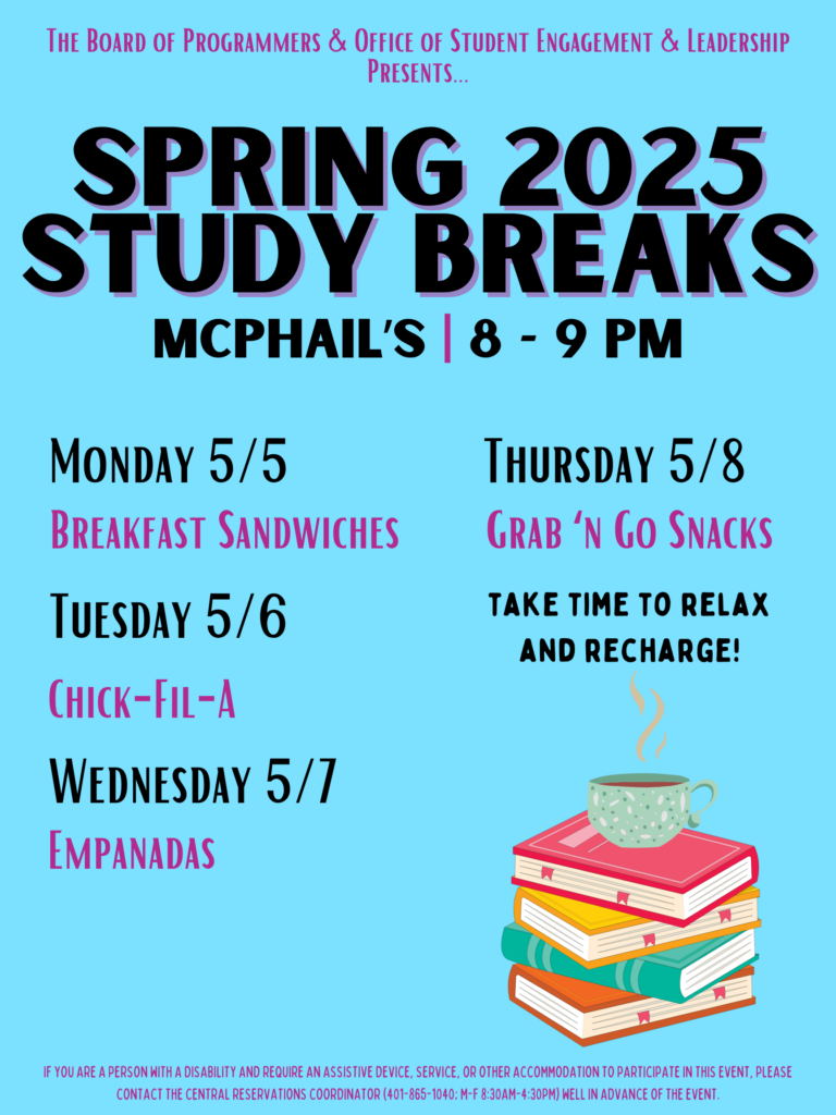 Study break schedule with blue background and image of books and a cup of coffee