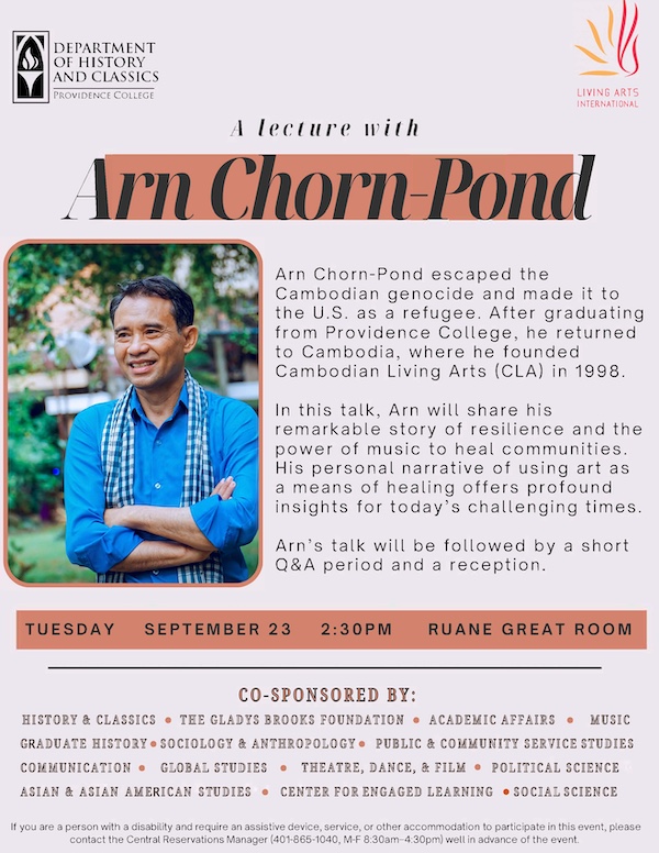 Flyer shows a picture of Arn Chorn-Pond, describes his background, summarizes the content of his 9/23 talk, and lists the departmental sponsors of this event.