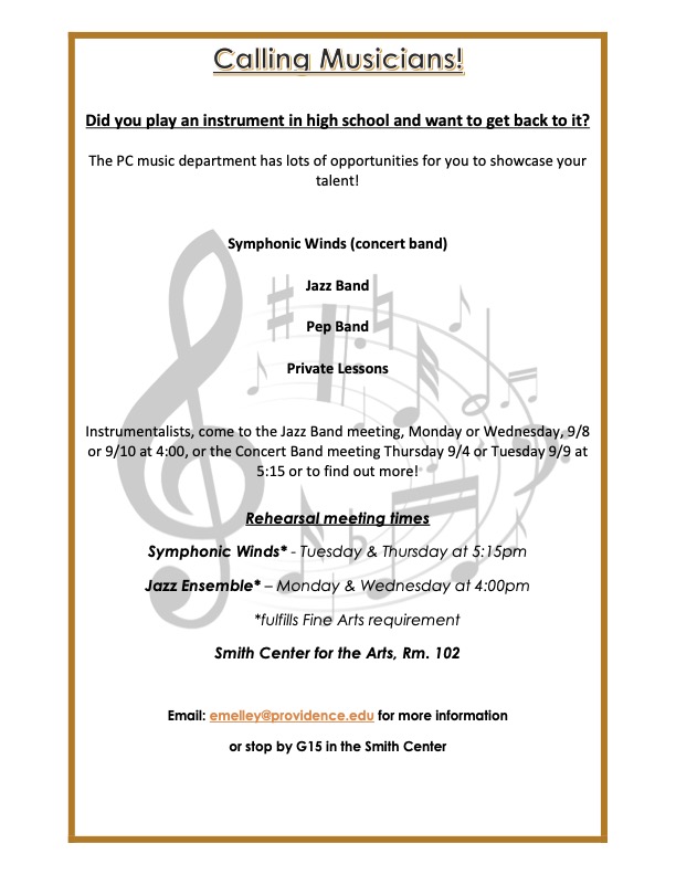 White background with orange border regarding upcoming Calling Musicians rehearsal meeting times 