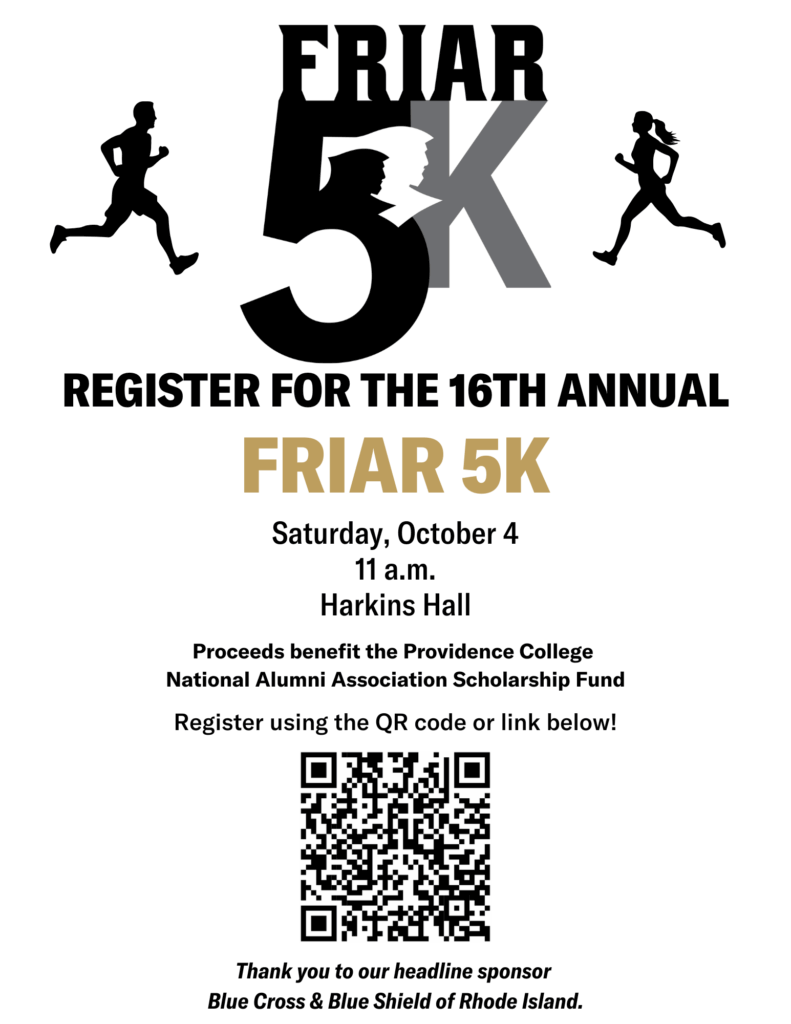 16th annual Friar 5K poster, dated Saturday, October 4th 11am at Harkins Hall.