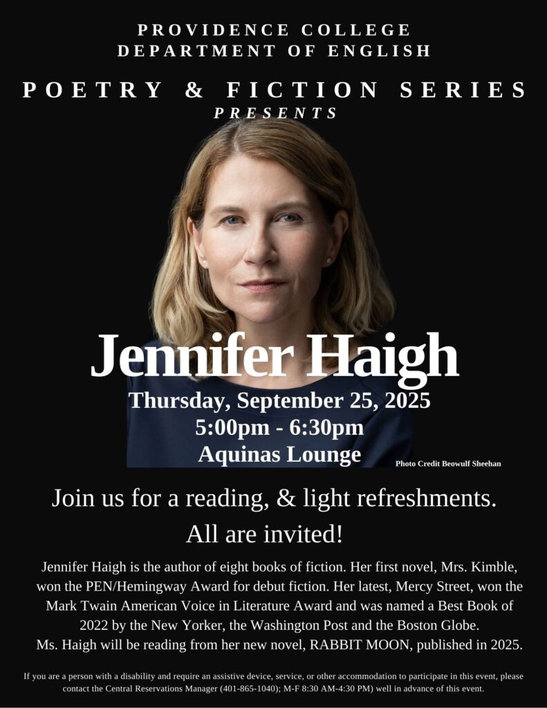 Image of invited novelist, Jennifer Haigh on a black background. 