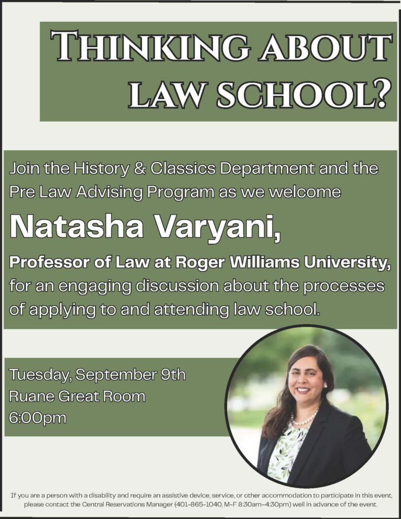 Image of law professor Natasha Varyani on bottom right corner surrounded by event details text