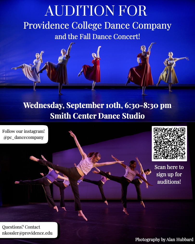 Image of dancers in motion with audition information and a QR code.
