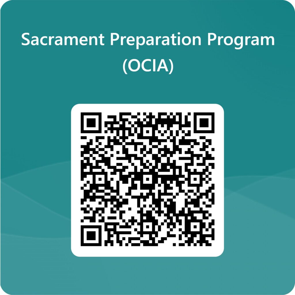 Green background with a QR Code regarding the Sacrament Preparation Program (OCIA)