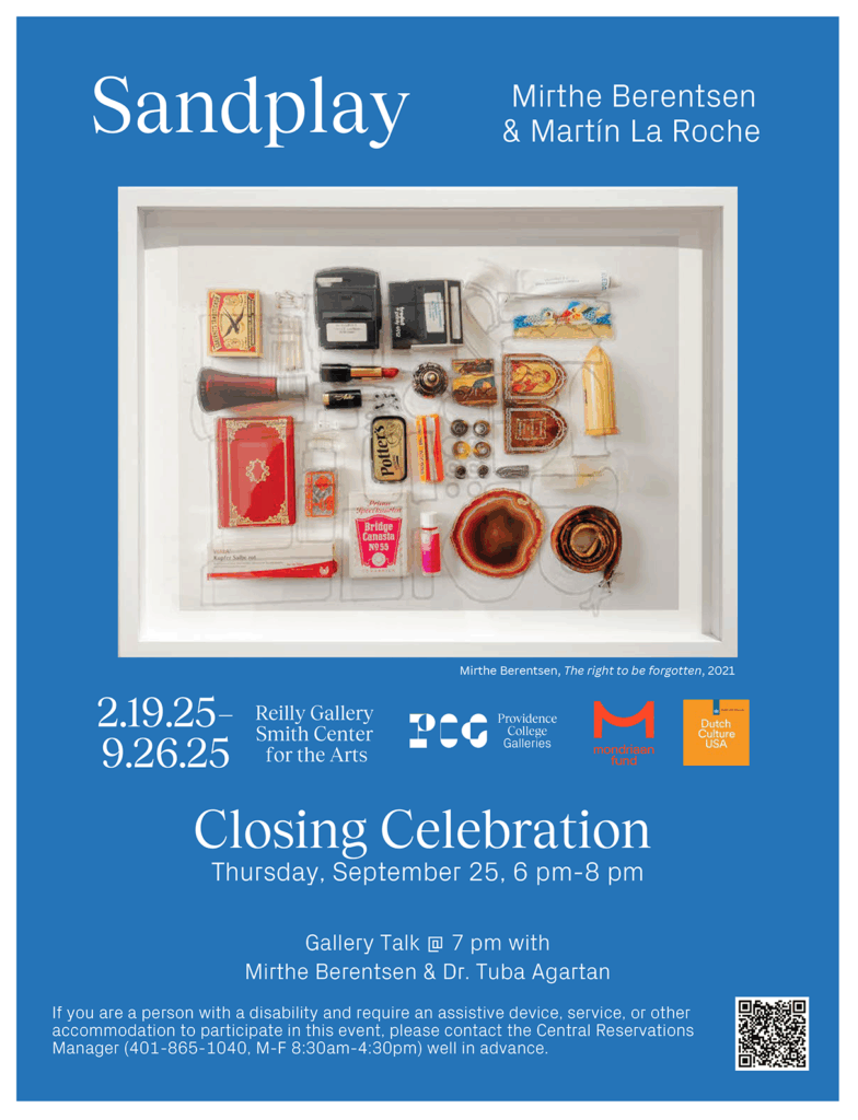In the center of the bright blue-themed event announcement is a photograph of carefully arranged belongings of the artist Mirthe Berentsen's mother including a lip stick case, desk of cards, and a comb with two brightly feathered birds on the handle.