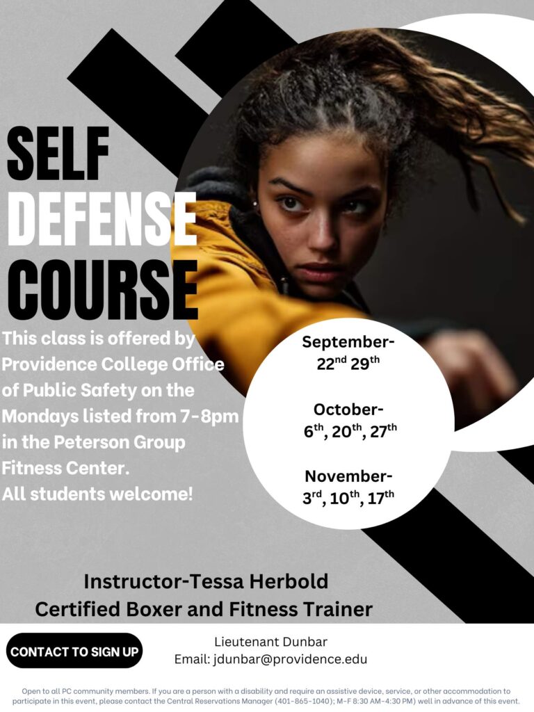 The flyer displays a woman in a self-defense training mode. The dates are for the next 7 weeks on Mondays from 7-8pm, located in the Peterson Field House.