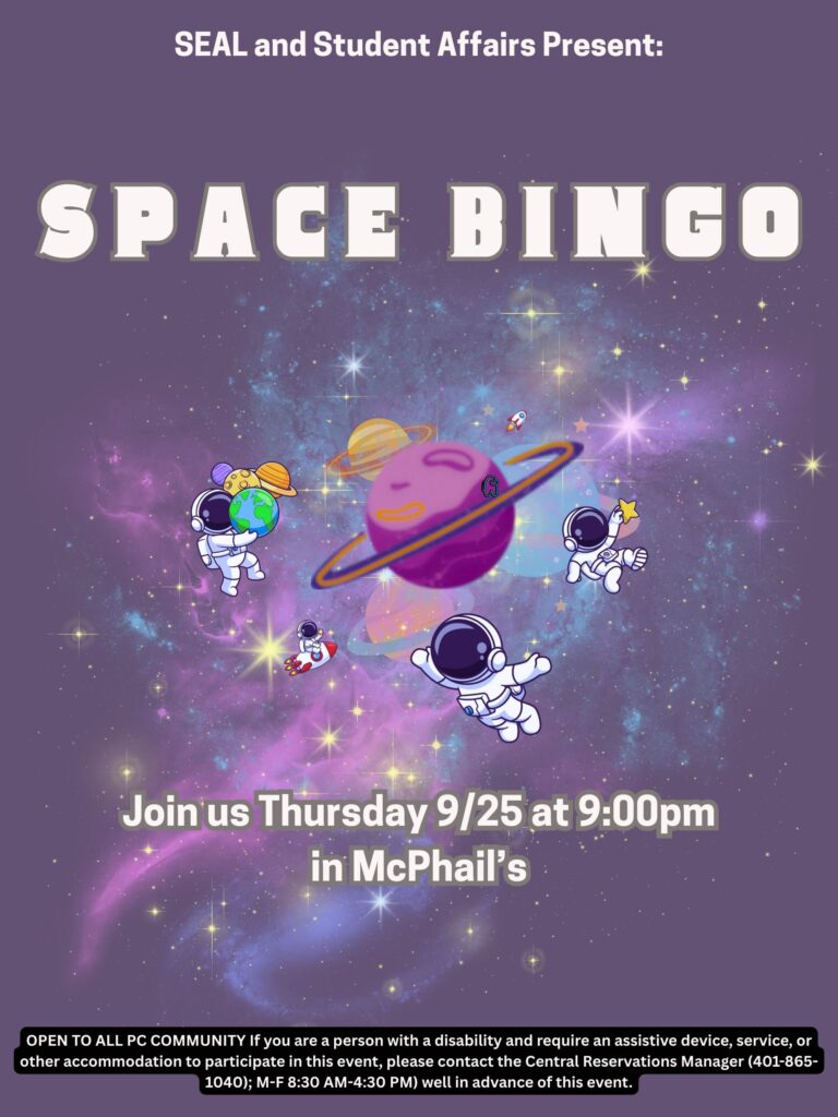 SEAL Space Bingo Poster with astronauts in outer space. Thursday 9/25 at 9:00pm in McPhail's.