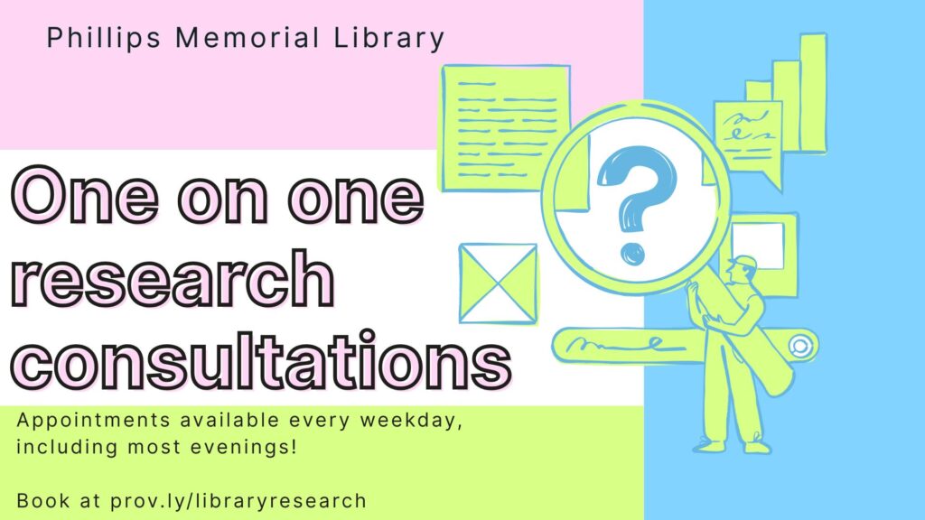 A graphic design that invites students who are looking for help with a research project to book a research consultation with a PC librarian.