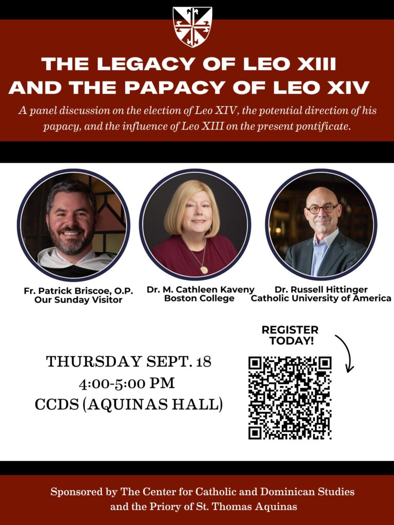 An image showing the three panelists on the CCDS and Priory sponsored panel on Leo XIV.