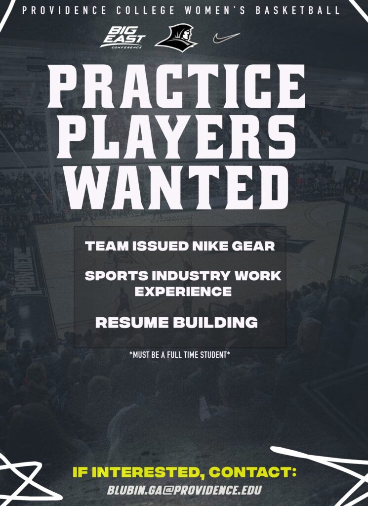 Flyer for Providence College Women’s Basketball seeking male practice players.