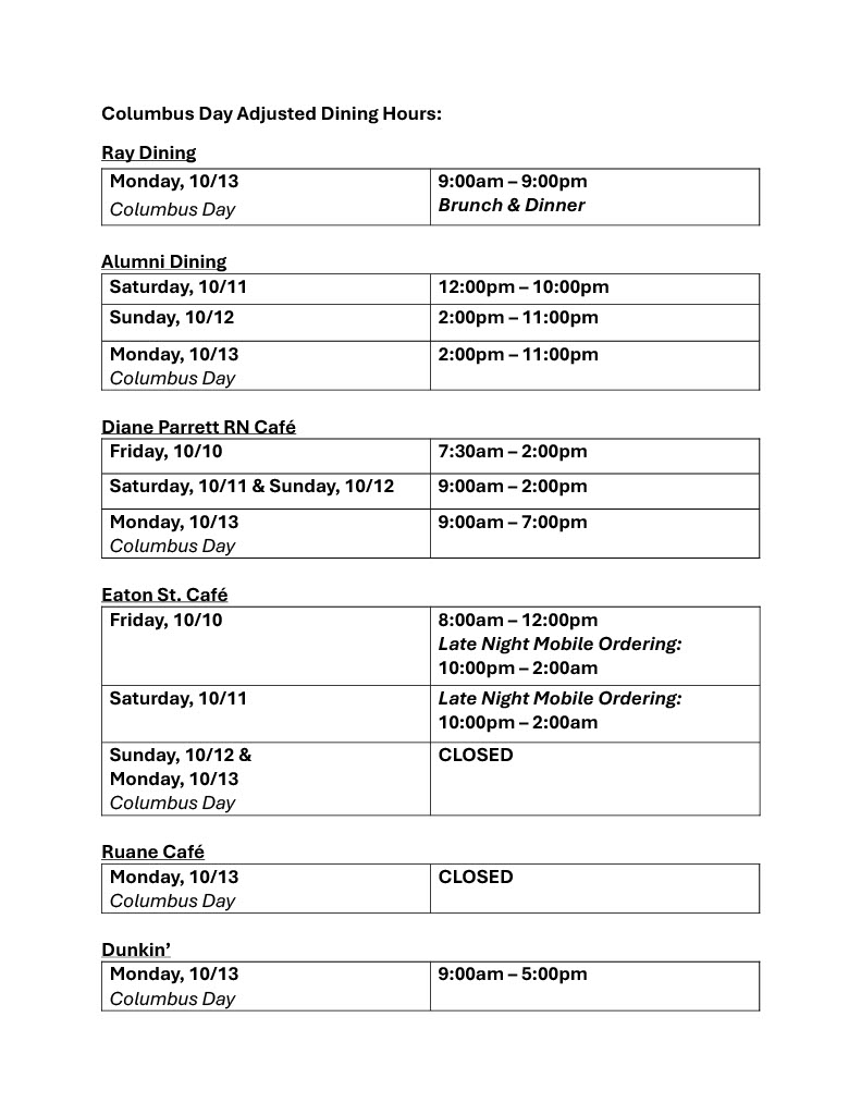 Columbus Day Weekend Dining Hours.