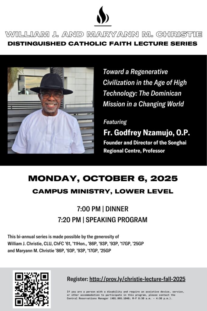 Fr. Godfrey Nzamujo, O.P., smiling outdoors in front of a modern building with horizontal metal slats, wearing a white traditional outfit and black wide-brimmed hat.