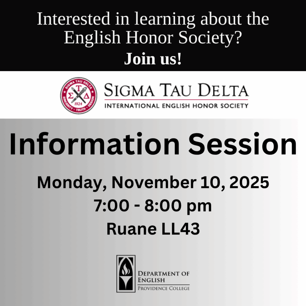 Logo of Sigma Tau Delta and English Dept in square with text.