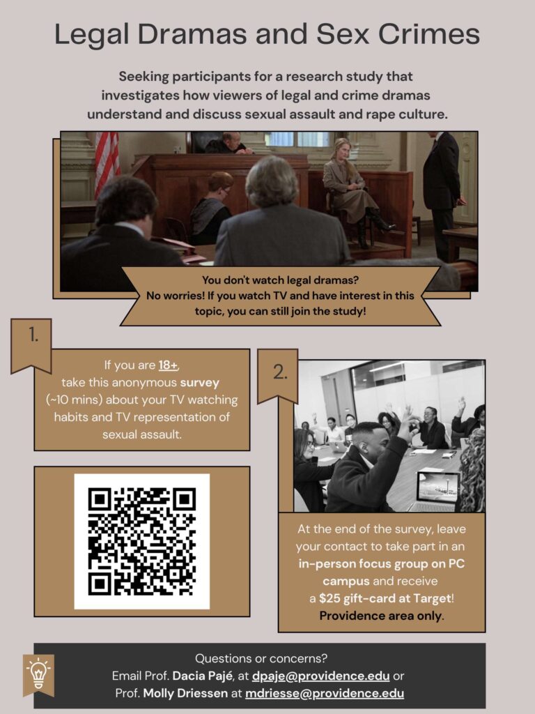 Flyer invitation to a survey and focus groups on how legal and crime dramas influence viewers' understanding of sexual violence