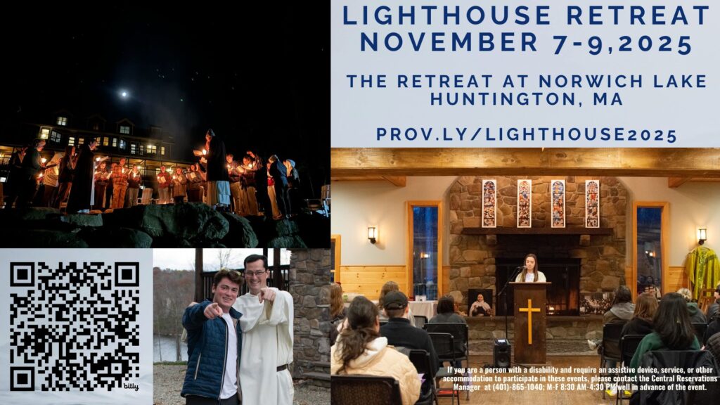 Poster of Lighthouse Retreat with people standing near a fire under the stars, two people pointing at a camera, and a person giving a talk at a podium in front of a fireplace.