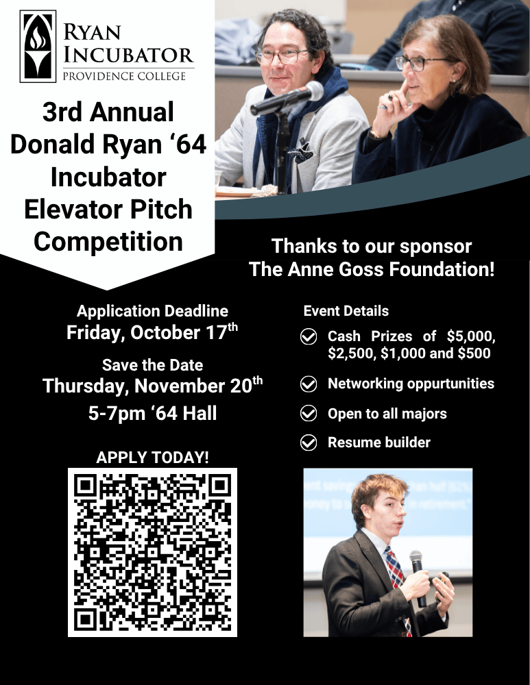 Poster for the 3rd Annual Ryan Incubator Elevator Pitch Competition. Includes event date (Nov. 20), application deadline (Oct. 17), event details, and QR Code to apply