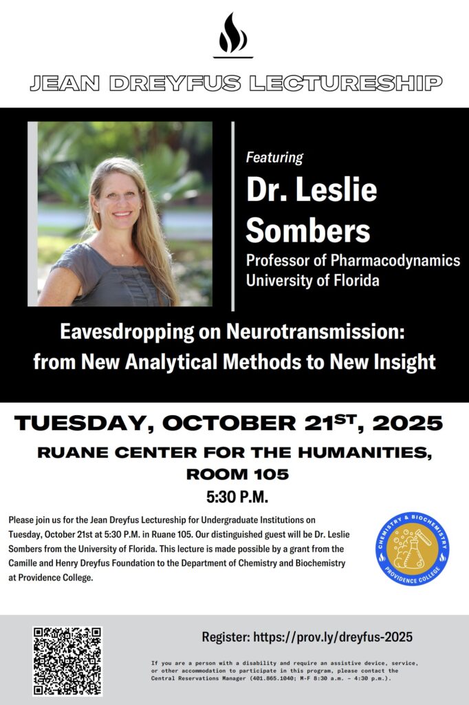 Image of Dr. Leslie Sombers and seminar details for Jean Dreyfus Lectureship