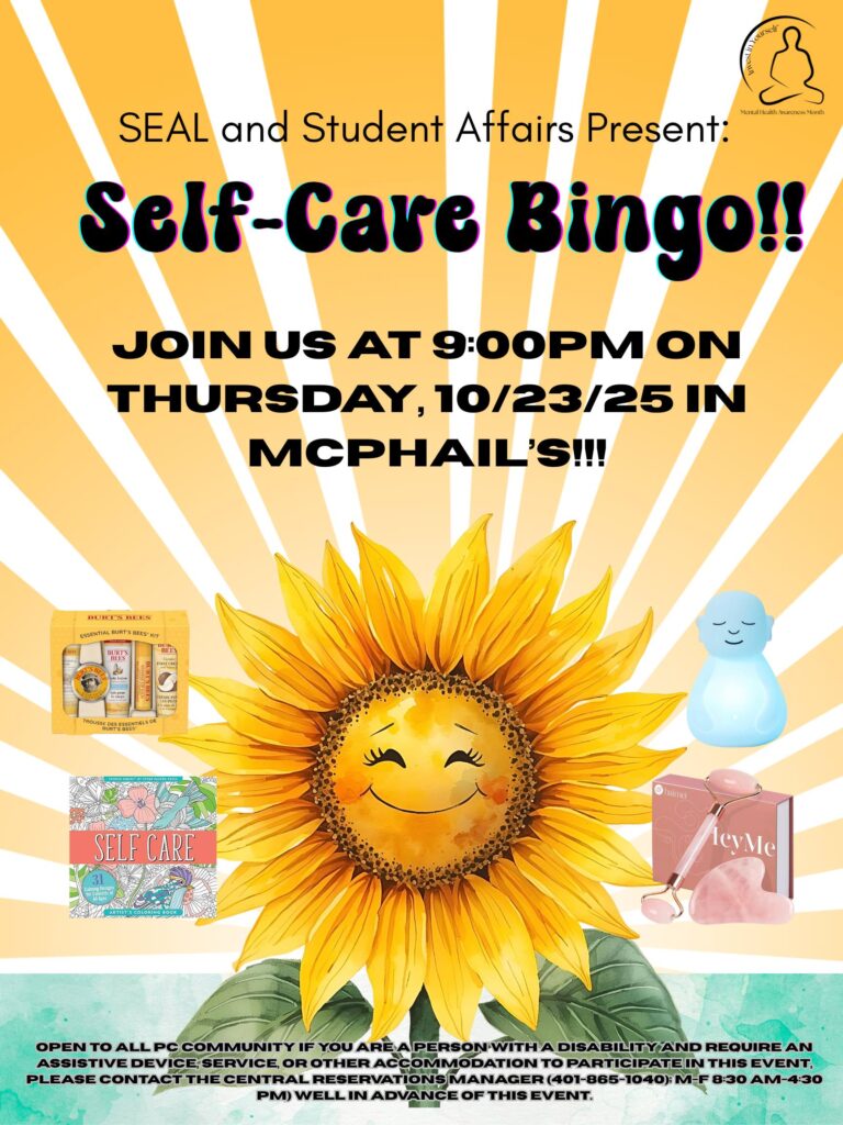 SEAL and Student Affairs present poster. "Self-Care Bingo! Thursday 10/23 at 9:00PM in McPhail's".