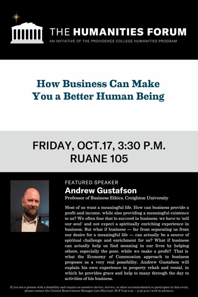 Humanities Forum poster of guest speaker Andrew Gustafson