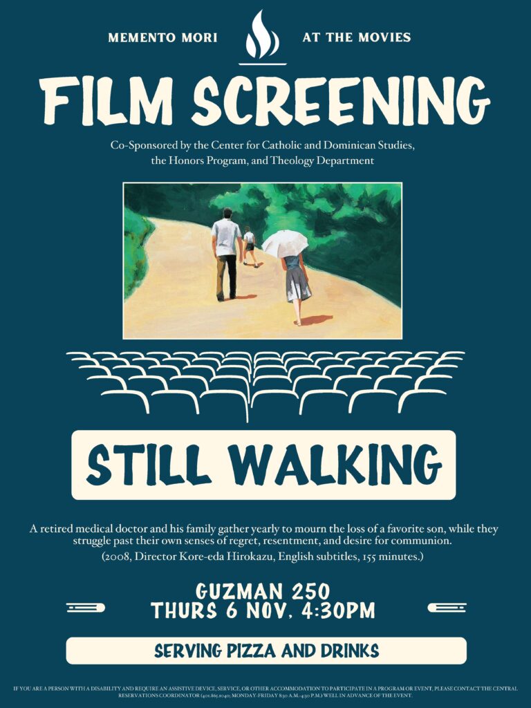 A child, a man, and a woman walking on a path. Poster for the film, "Still Walking"