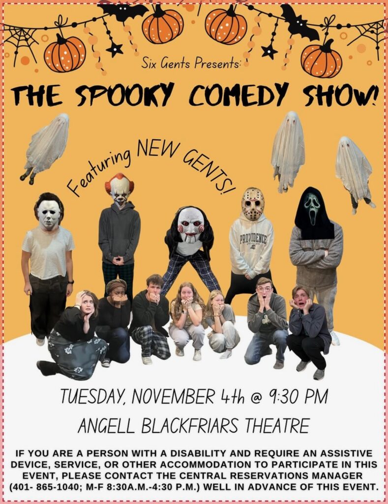 Our current Six Gents member pose for a picture, looking scared, as Halloween horror characters are in the background.