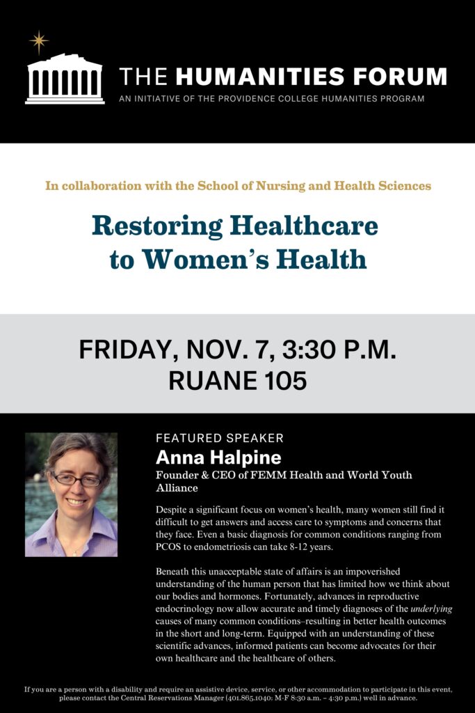 Humanities Forum poster of guest speaker Anna Halpine