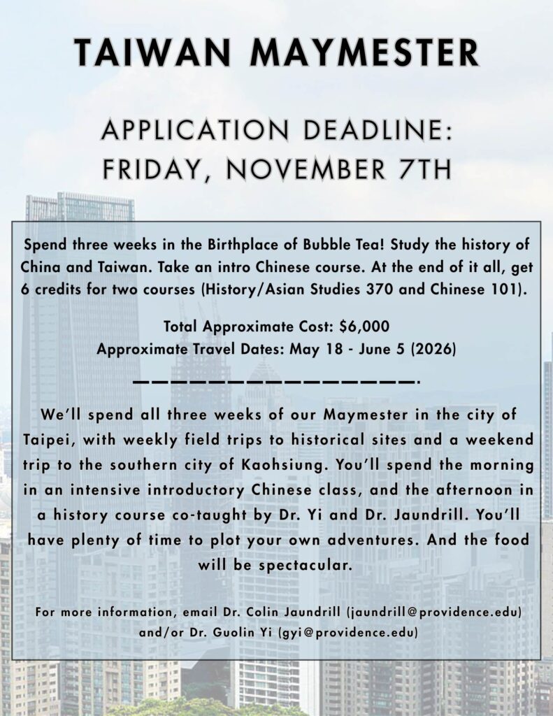 An image of the Taiwan skyline serves as the background for the text containing the details of the Taiwan maymester