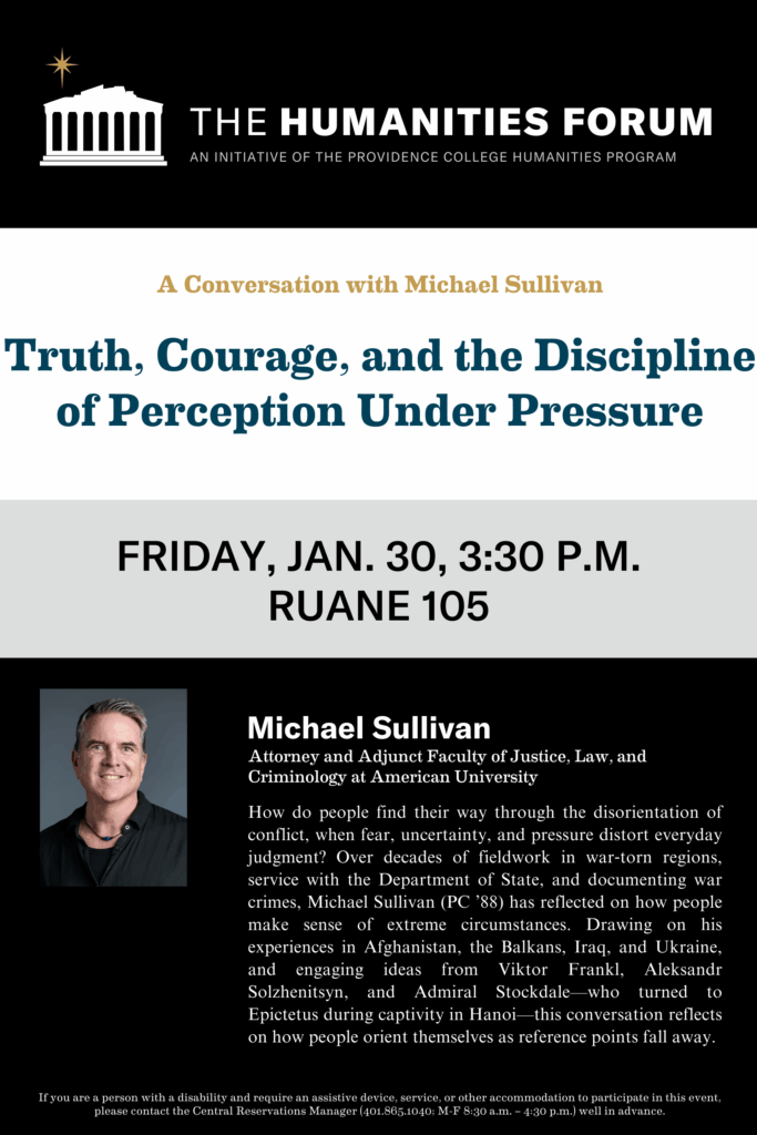 Humanities Forum poster of guest speaker Michael Sullivan