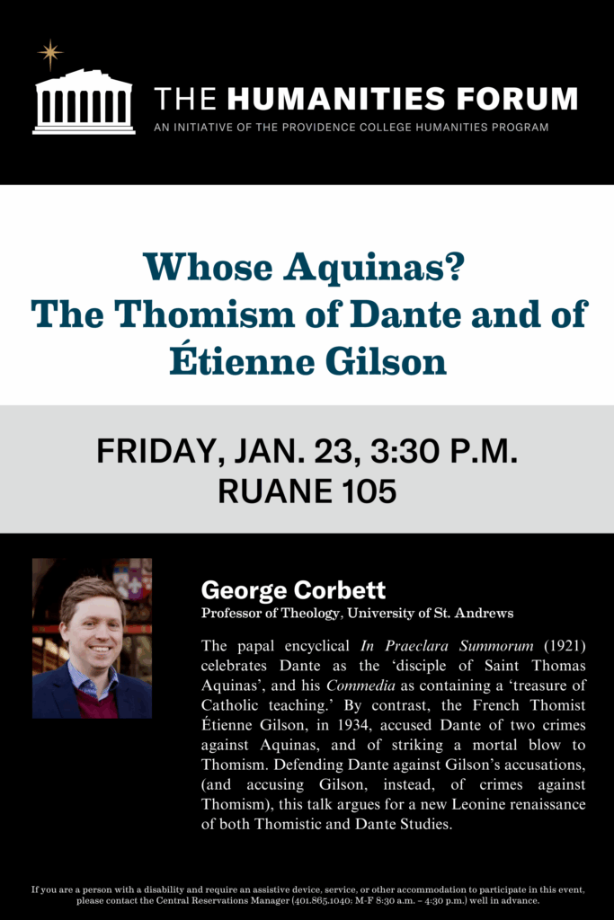 Humanities Forum poster of guest speaker George Corbett

