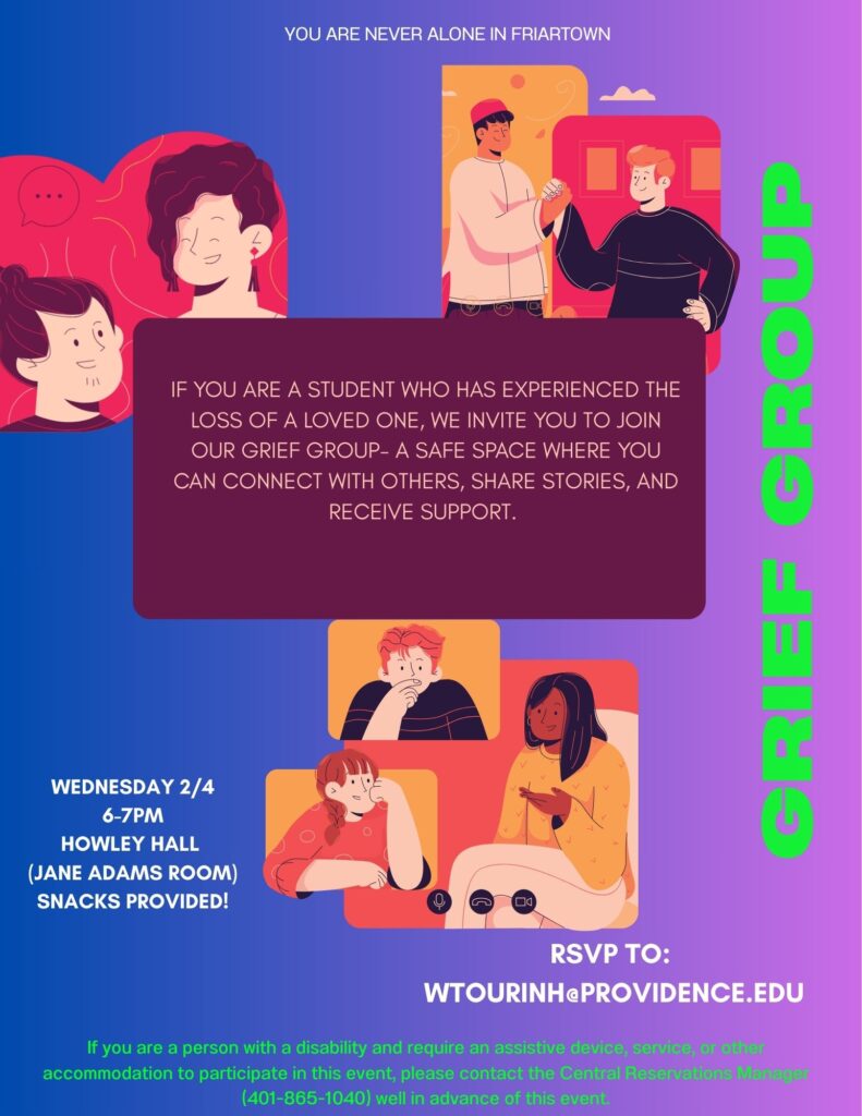 Grief Group flyer with blue gradient background and green and white text. Cartoon/graphic image of groups of people communicating with one another.