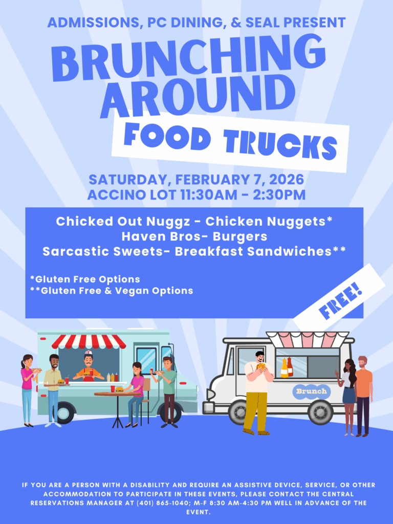 Blue background with image of two food trucks for Brunching Around Food Trucks Event on February 7 