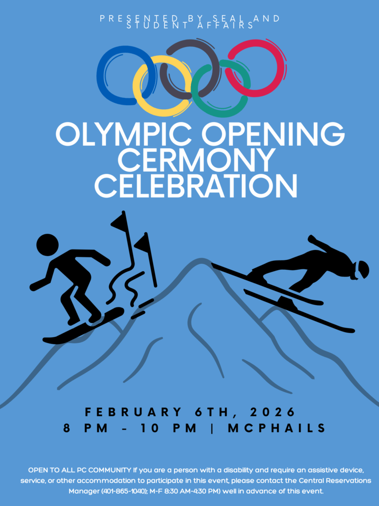 Blue background with image of two skiers on a mountain with the official Olympic's logo