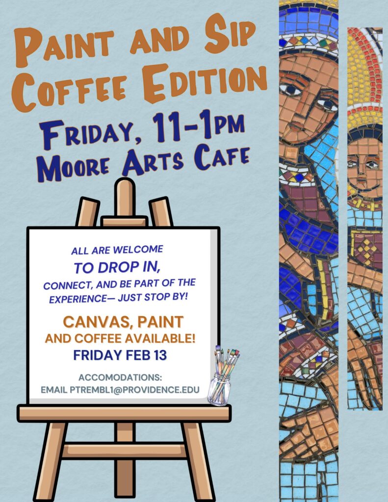 Art easel with picture of a woman made out of Mosaic tile for the Paint and Sip Coffee House event on 2/13