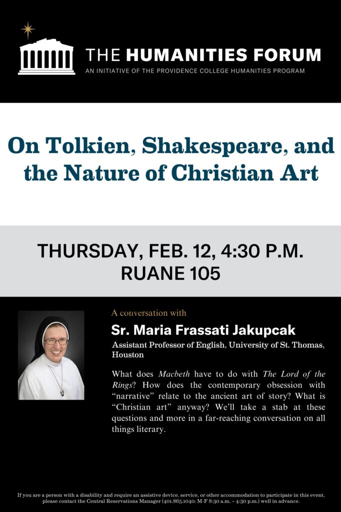 Flyer for Humanities Forum event featuring Sr. Maria Frassati Jakupcak