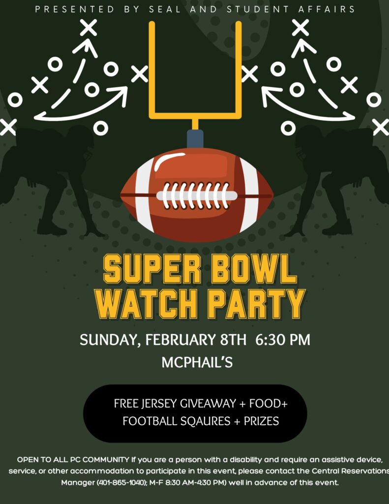 Football players, a goal post, and football for the Super Bowl Watch Party on February 8th in McPhail's