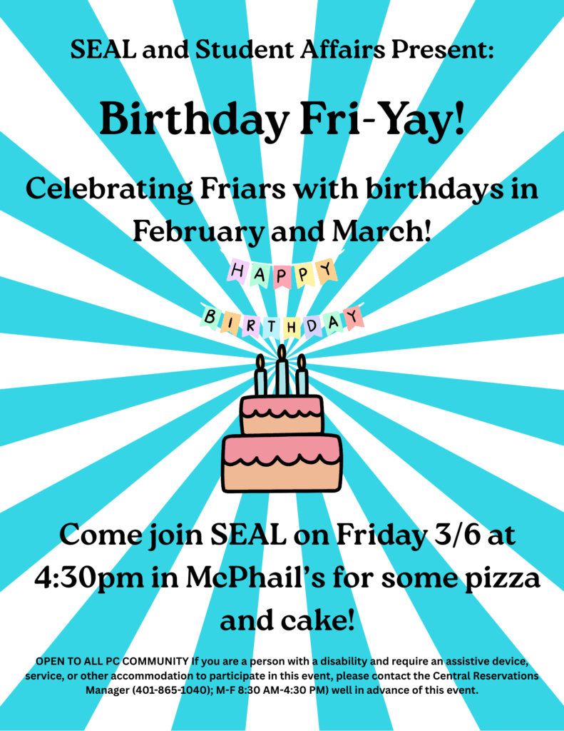 There is a cake featured in the center of the poster with a happy birthday banner. The background is a blue and white starburst pattern originating there for Birthday Fri-Yay event.  