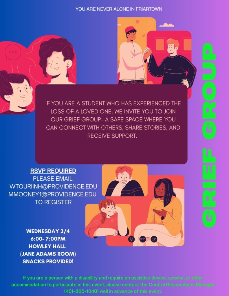 Grief Group flyer with blue gradient background and green and white text. Cartoon/graphic image of groups of people communicating with one another.