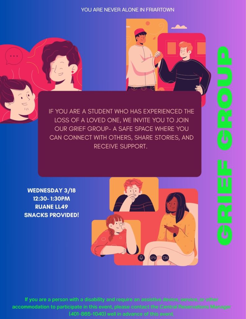 Grief Group flyer with blue gradient background and green and white text. Graphic image of groups of people communicating with one another.